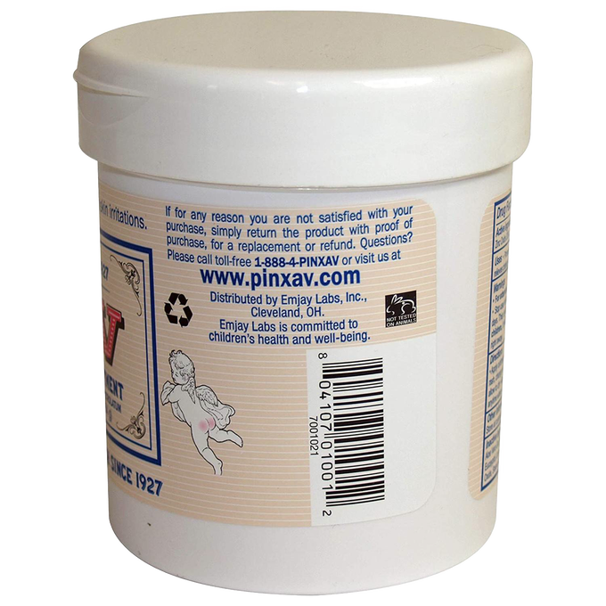 White plastic jar of Pinxav Diaper Rash Cream featuring a detailed label with contact information and product assurances, part of Health & Wellness and USA Made collections.