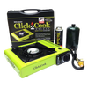 Bright lime green portable single-burner stove with cast aluminum burner and piezo ignition, compatible with butane and propane fuel cartridges, ideal for camping and emergency use.