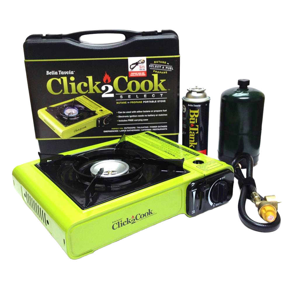 Bright lime green portable single-burner stove with cast aluminum burner and piezo ignition, compatible with butane and propane fuel cartridges, ideal for camping and emergency use.