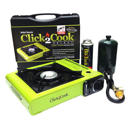 Bright lime green portable single-burner stove with cast aluminum burner and piezo ignition, compatible with butane and propane fuel cartridges, ideal for camping and emergency use.