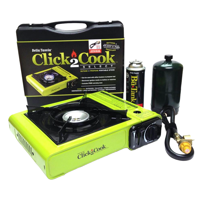 Bright lime green portable single-burner stove with cast aluminum burner and piezo ignition, compatible with butane and propane fuel cartridges, ideal for camping and emergency use.