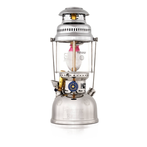 Polished stainless steel pressure lamp with clear glass globe and blue control knob, crafted for reliable outdoor lighting, featured in Lamps & Lighting, Parts and Accessories, Best Sellers, and Promo Eligible collections.
