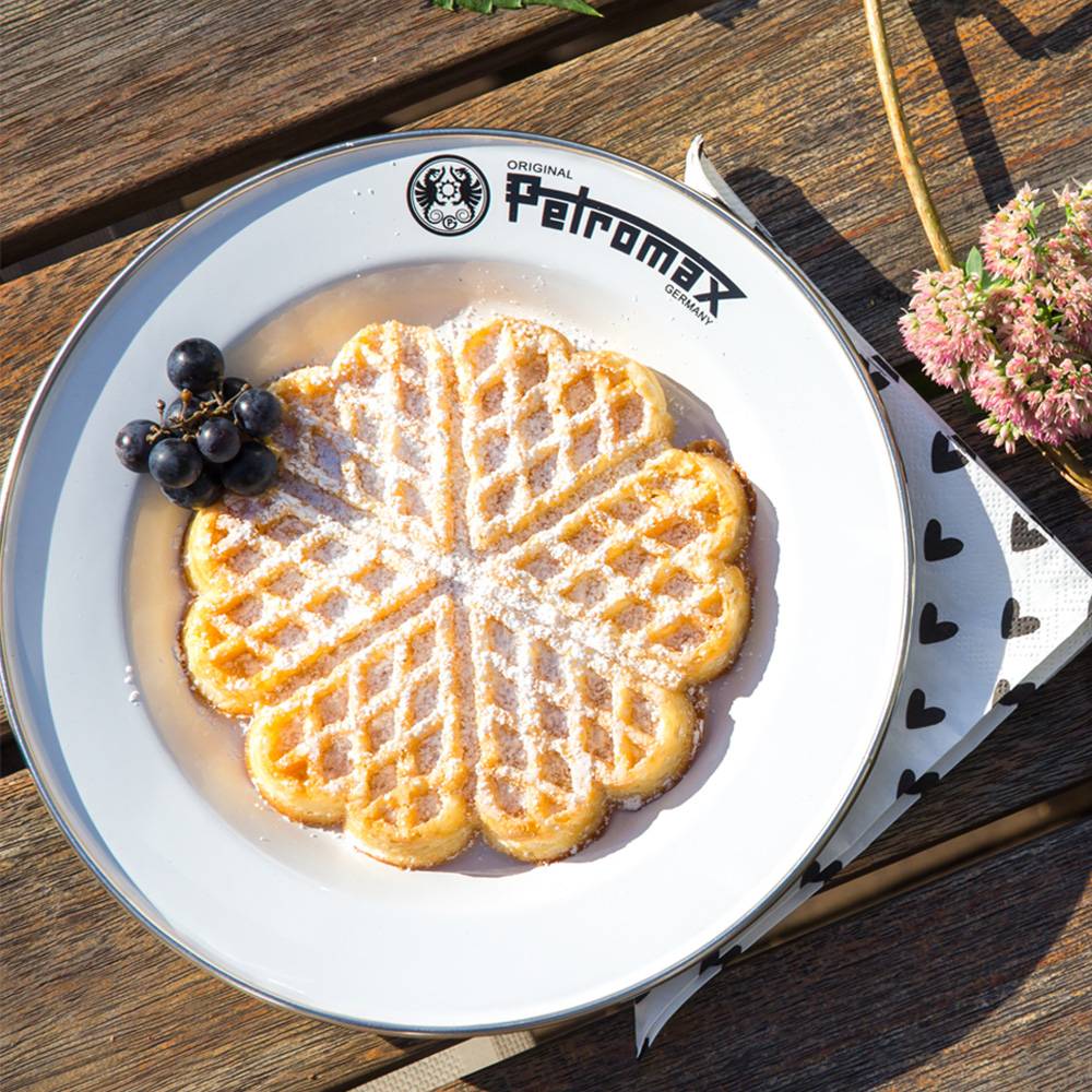 White enamel plate with black rim and logo holding a heart-shaped powdered waffle and grapes, perfect for Farm, Garden & Tool, Kitchen & Food, Camping, Dinnerware, Best Sellers, and Promo Eligible collections.