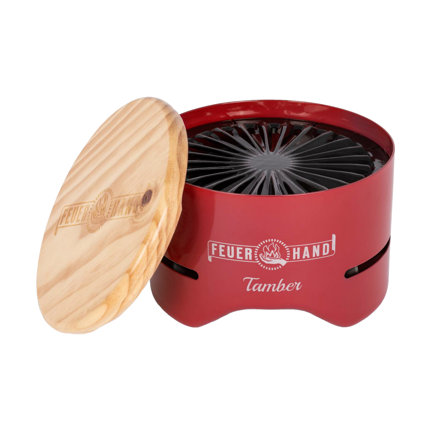 Unique handcrafted red tabletop charcoal grill with radial vent grate and removable wooden lid, ideal for Farm, Garden & Tool, Camping, Grilling, and Stoves collections.