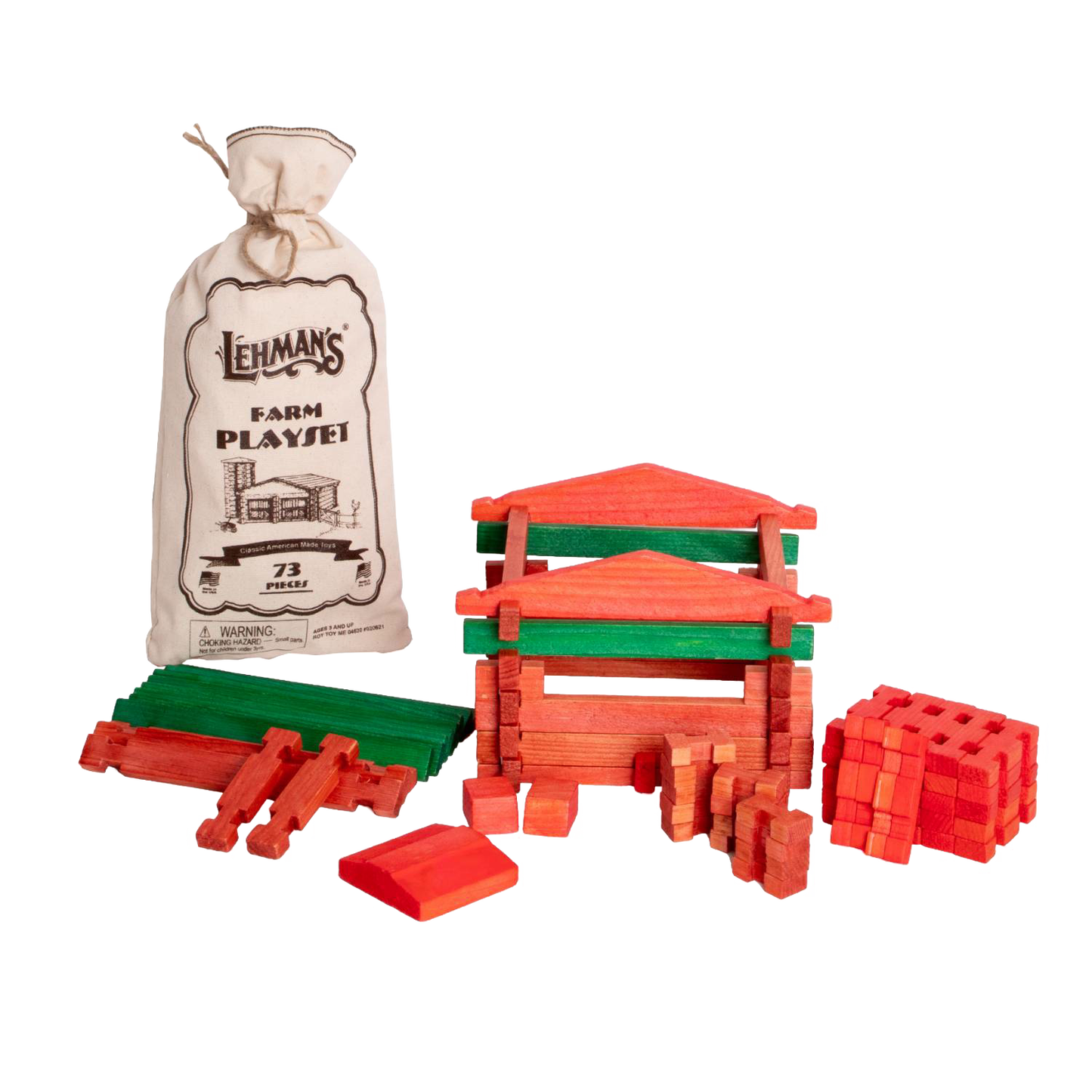 Handcrafted wooden log building set with 73 pieces in red and green, made in the USA, perfect for imaginative indoor play and part of Toys, Books & Games and Wooden Toys collections.