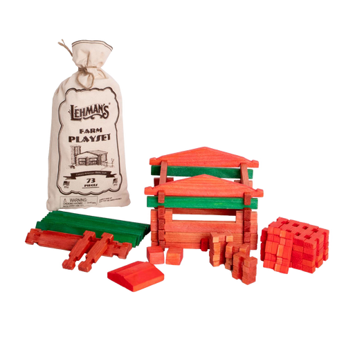 Handcrafted wooden log building set with 73 pieces in red and green, made in the USA, perfect for imaginative indoor play and part of Toys, Books & Games and Wooden Toys collections.