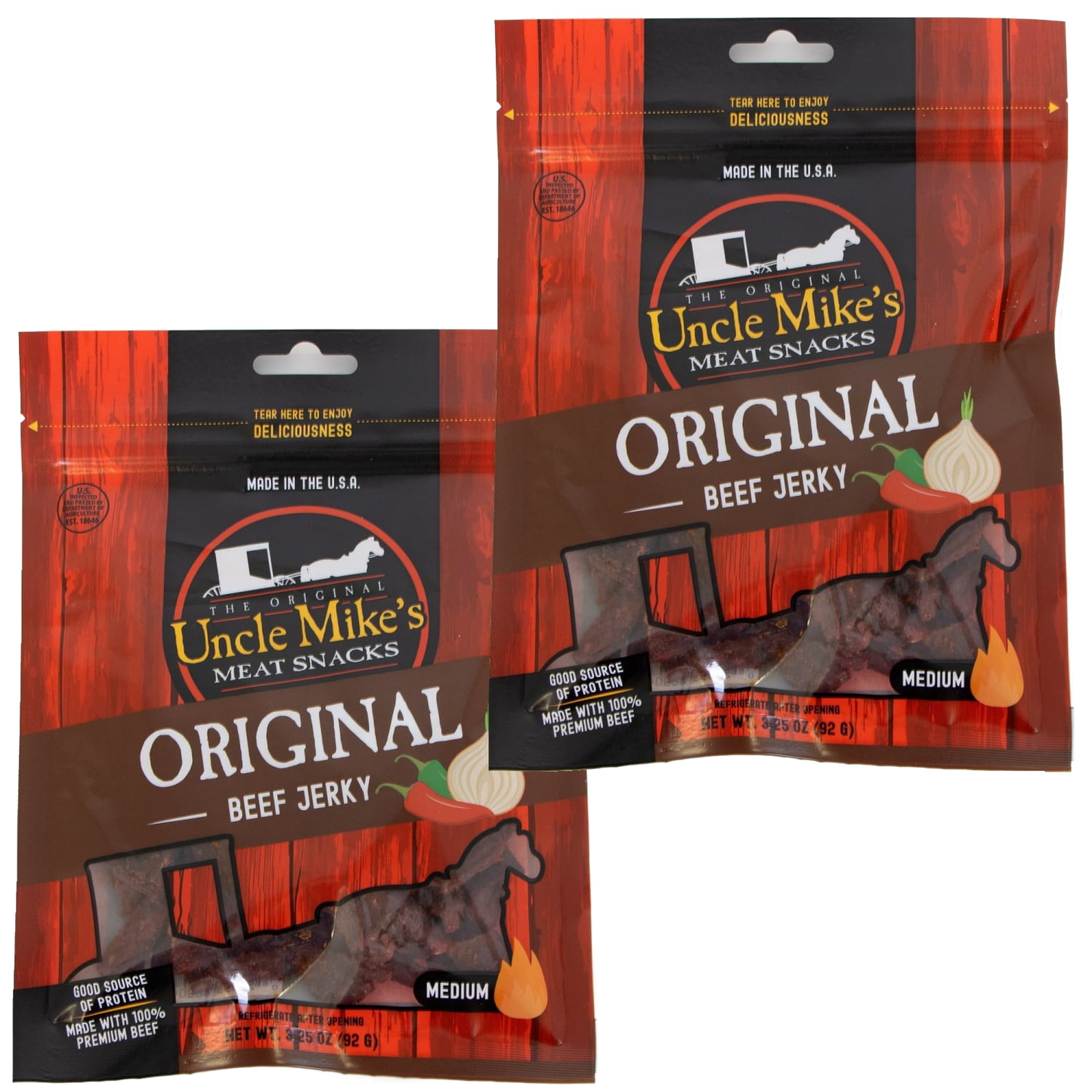 Two bags of Uncle Mike’s Original beef jerky featuring hearty strips made with 100% premium beef, gluten free and made in USA, ideal for Kitchen & Food and Snacks collections.