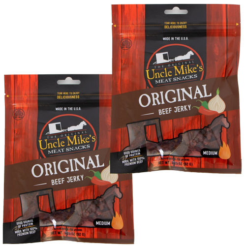 Two bags of Uncle Mike’s Original beef jerky featuring hearty strips made with 100% premium beef, gluten free and made in USA, ideal for Kitchen & Food and Snacks collections.