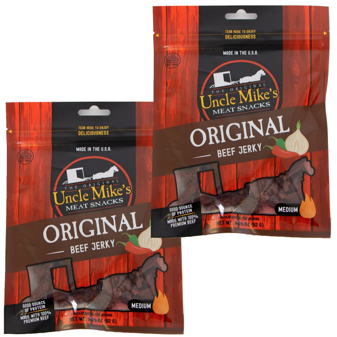 Two bags of Uncle Mike’s Original beef jerky featuring hearty strips made with 100% premium beef, gluten free and made in USA, ideal for Kitchen & Food and Snacks collections.