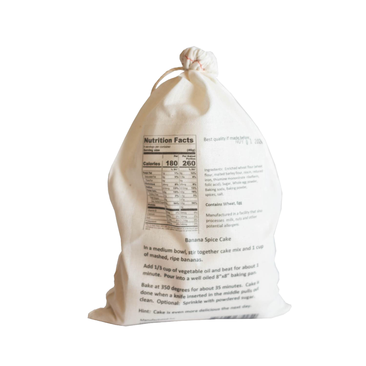 Natural fabric drawstring bag containing handcrafted banana spice cake mix with baking instructions and nutrition facts, ideal for Kitchen & Food, Pantry, Dry Goods and Mixes, Best Sellers, Promo Eligible collections.