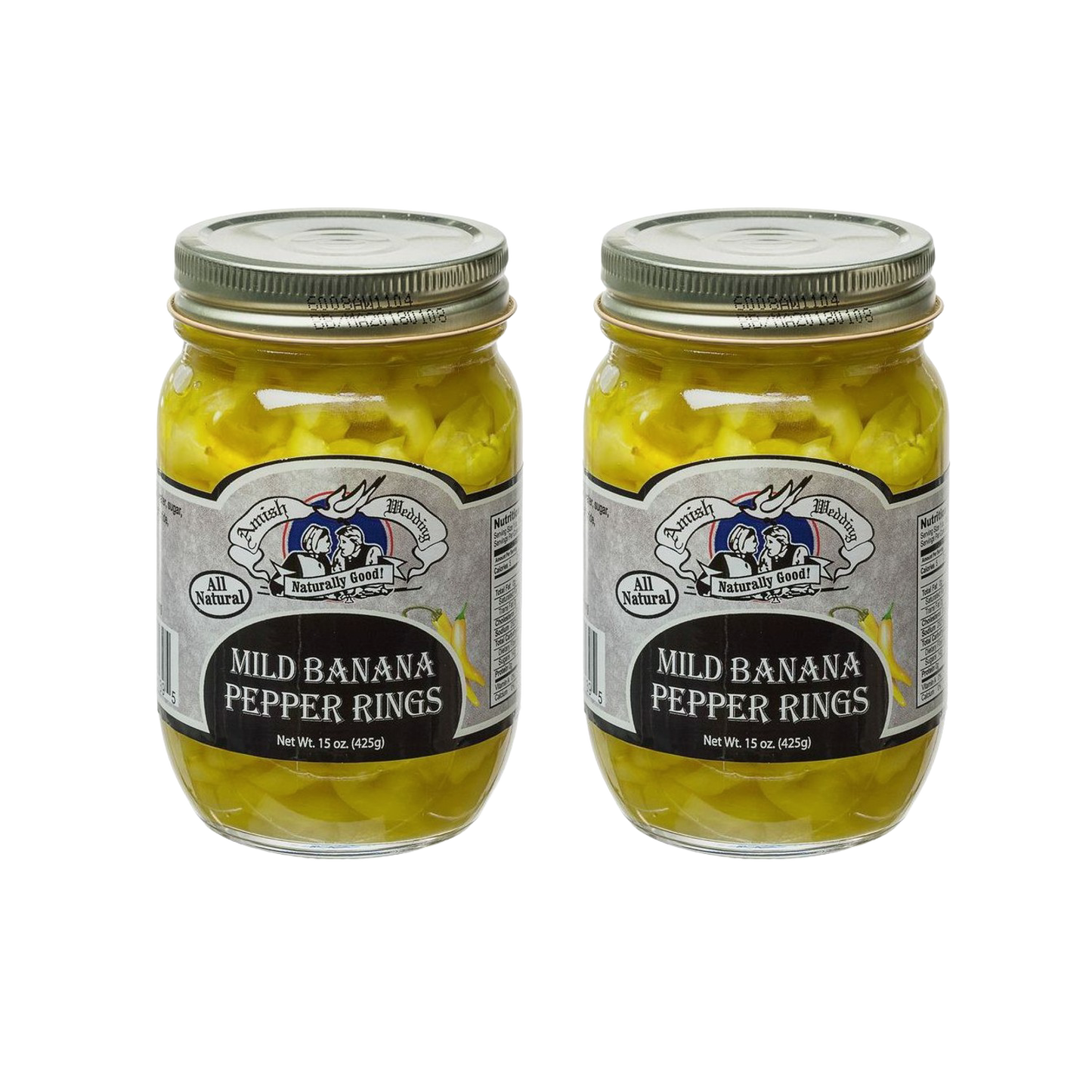 Two jars of handcrafted Amish-style mild banana pepper rings with metal lids, featured in Kitchen & Food, Food, Pantry, USA Made, Best Sellers, and Promo Eligible collections.