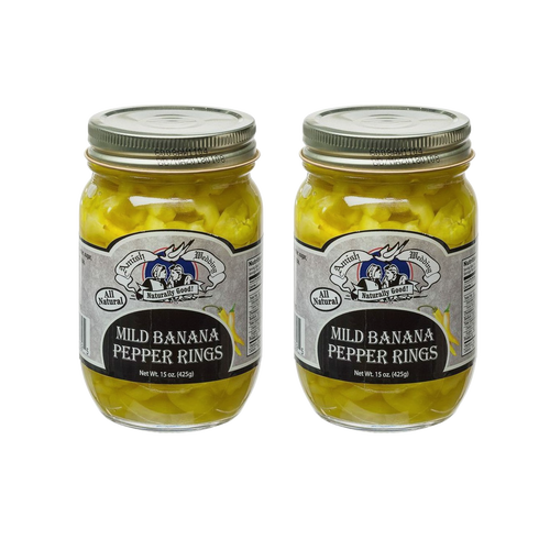 Two jars of handcrafted Amish-style mild banana pepper rings with metal lids, featured in Kitchen & Food, Food, Pantry, USA Made, Best Sellers, and Promo Eligible collections.