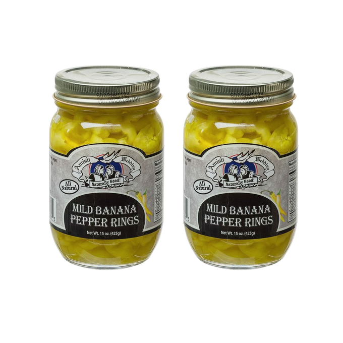 Two jars of handcrafted Amish-style mild banana pepper rings with metal lids, featured in Kitchen & Food, Food, Pantry, USA Made, Best Sellers, and Promo Eligible collections.