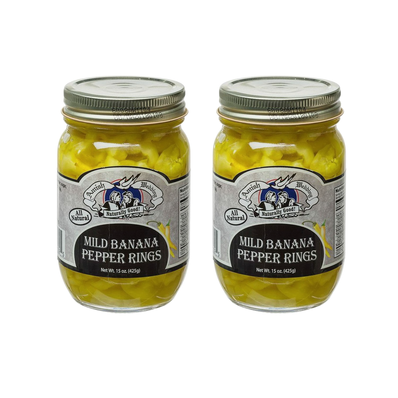 Two jars of handcrafted Amish-style mild banana pepper rings with metal lids, featured in Kitchen & Food, Food, Pantry, USA Made, Best Sellers, and Promo Eligible collections.
