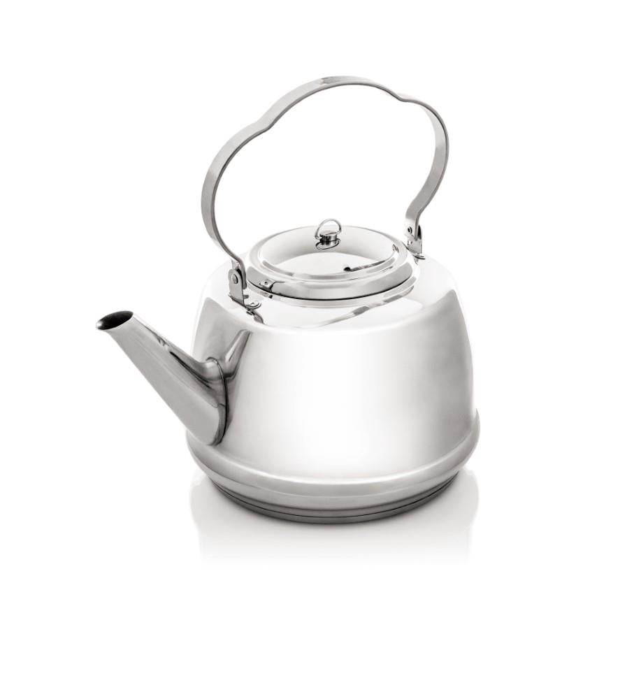 Polished stainless steel kettle with a curved, foldable handle for easy hanging and pouring, ideal for Farm, Garden & Tool, Kitchen & Food, Camping, Brewing Coffee and Tea, Best Sellers, and Promo Eligible collections.