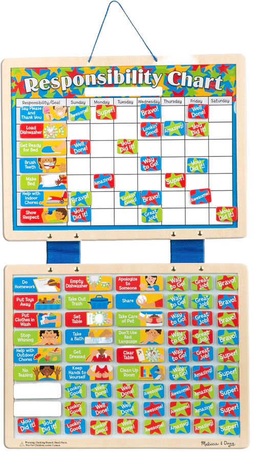 Handcrafted magnetic behavior chart with colorful illustrated magnets tracking daily child responsibilities and positive habits, designed for indoor play in children’s toys and best sellers collections.