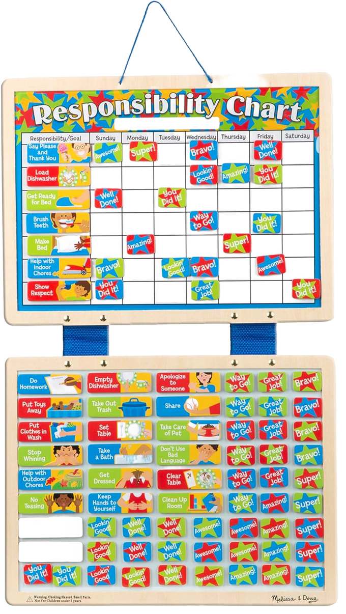 Handcrafted magnetic behavior chart with colorful illustrated magnets tracking daily child responsibilities and positive habits, designed for indoor play in children’s toys and best sellers collections.