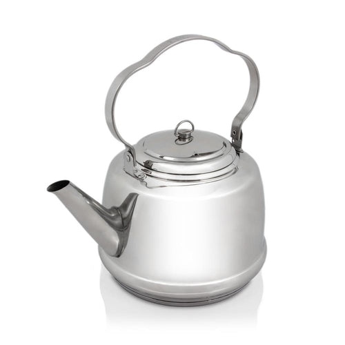 Polished stainless steel teakettle with a bent movable handle for hanging, designed to boil water efficiently over open fires or stovetops, ideal for Camping, Kitchen & Food, and Farm, Garden & Tool collections.