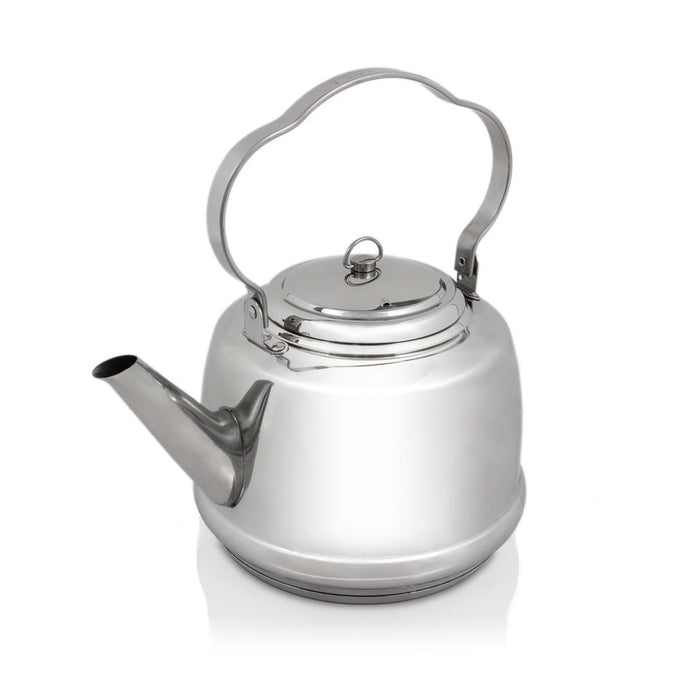Polished stainless steel teakettle with a bent movable handle for hanging, designed to boil water efficiently over open fires or stovetops, ideal for Camping, Kitchen & Food, and Farm, Garden & Tool collections.