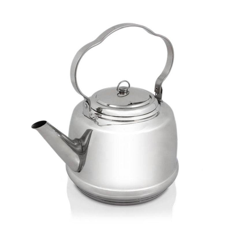 Polished stainless steel teakettle with a bent movable handle for hanging, designed to boil water efficiently over open fires or stovetops, ideal for Camping, Kitchen & Food, and Farm, Garden & Tool collections.