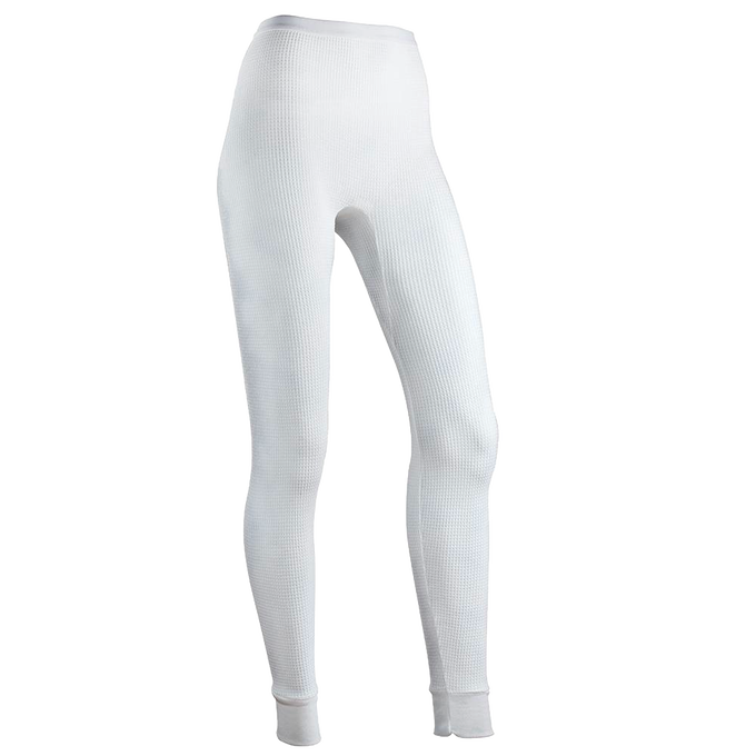 White waffle knit thermal pants designed for women, crafted with cotton-rich fabric for warmth and comfort, part of Health & Wellness and Clothing Accessories collections.