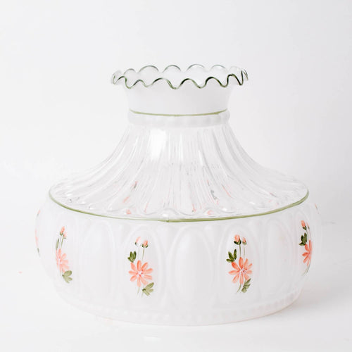 Delicately handcrafted glass lamp shade featuring pink wildflower motifs with a scalloped top edge, designed for use in lamps and lighting, parts and accessories, and lamp shades collections.