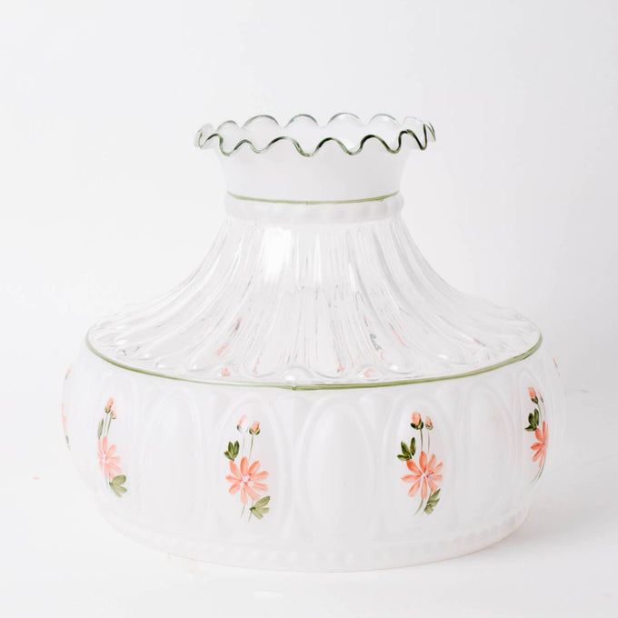 Delicately handcrafted glass lamp shade featuring pink wildflower motifs with a scalloped top edge, designed for use in lamps and lighting, parts and accessories, and lamp shades collections.