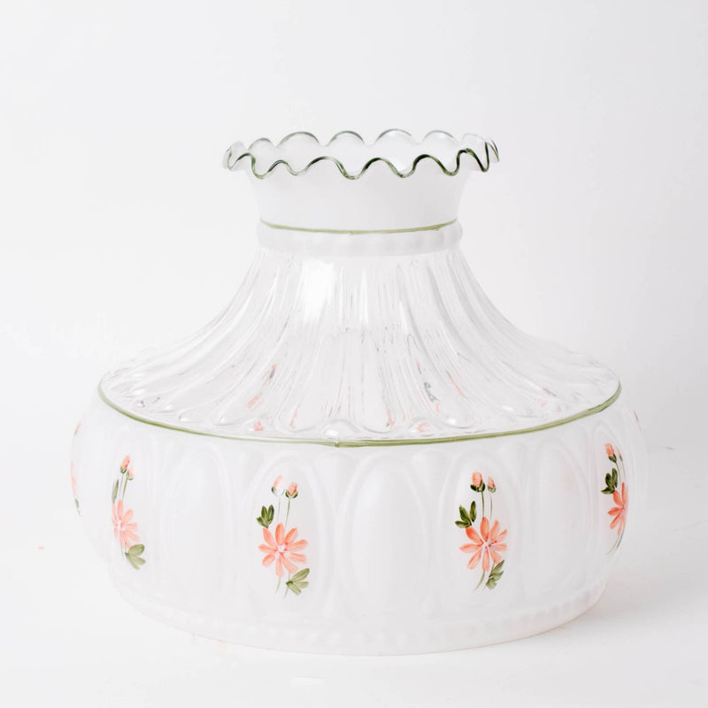 Delicately handcrafted glass lamp shade featuring pink wildflower motifs with a scalloped top edge, designed for use in lamps and lighting, parts and accessories, and lamp shades collections.
