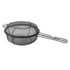 Black metal mesh grill basket with a lid and long double wire handle, designed for versatile outdoor cooking as a skillet or deep basket, featured in grilling and cookware collections.