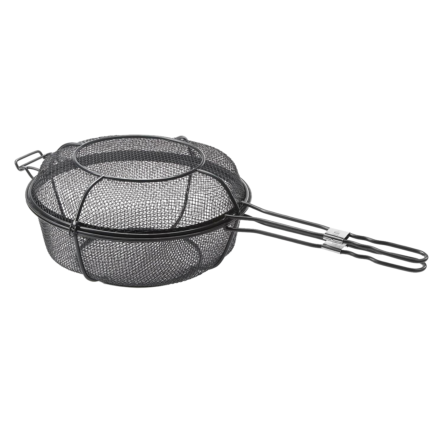 Black metal mesh grill basket with a lid and long double wire handle, designed for versatile outdoor cooking as a skillet or deep basket, featured in grilling and cookware collections.