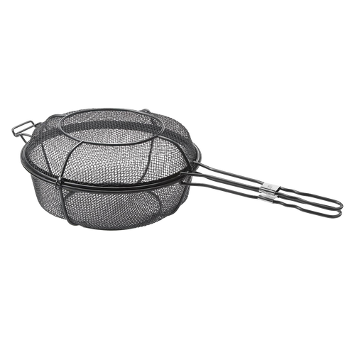 Black metal mesh grill basket with a lid and long double wire handle, designed for versatile outdoor cooking as a skillet or deep basket, featured in grilling and cookware collections.