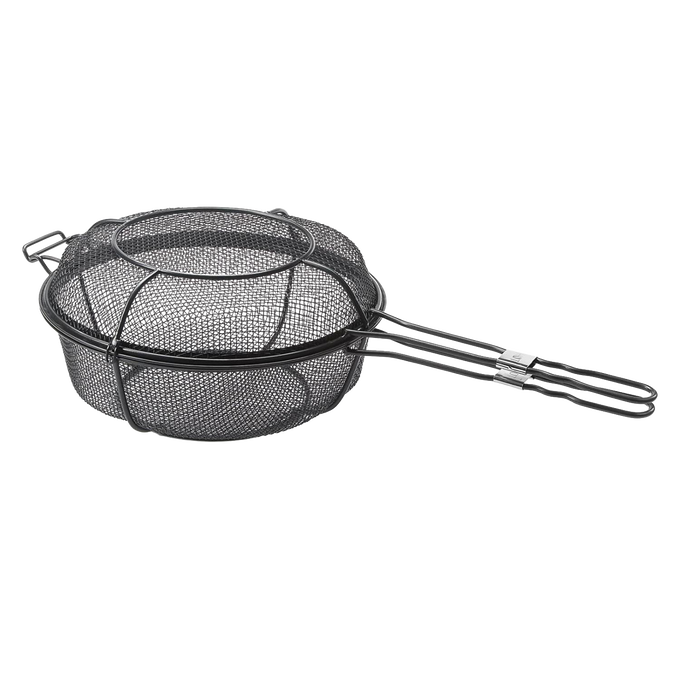 Black metal mesh grill basket with a lid and long double wire handle, designed for versatile outdoor cooking as a skillet or deep basket, featured in grilling and cookware collections.