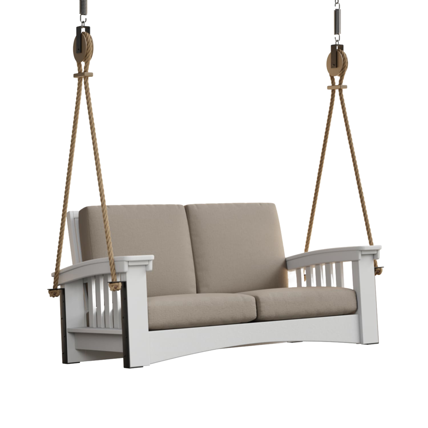 Handcrafted 6 ft porch swing with soft beige cushions, durable painted cypress frame, suspended by sturdy rope, perfect for Home & Decor, Outdoor Furniture, USA Made, Amish Made, and Best Sellers collections.