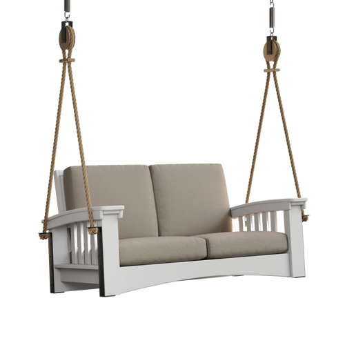 Handcrafted 6 ft porch swing with soft beige cushions, durable painted cypress frame, suspended by sturdy rope, perfect for Home & Decor, Outdoor Furniture, USA Made, Amish Made, and Best Sellers collections.