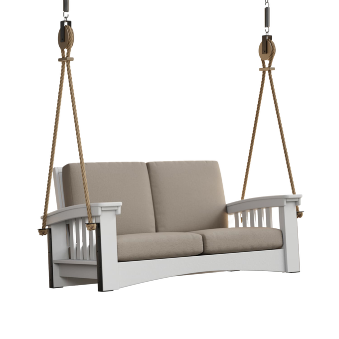 Handcrafted 6 ft porch swing with soft beige cushions, durable painted cypress frame, suspended by sturdy rope, perfect for Home & Decor, Outdoor Furniture, USA Made, Amish Made, and Best Sellers collections.