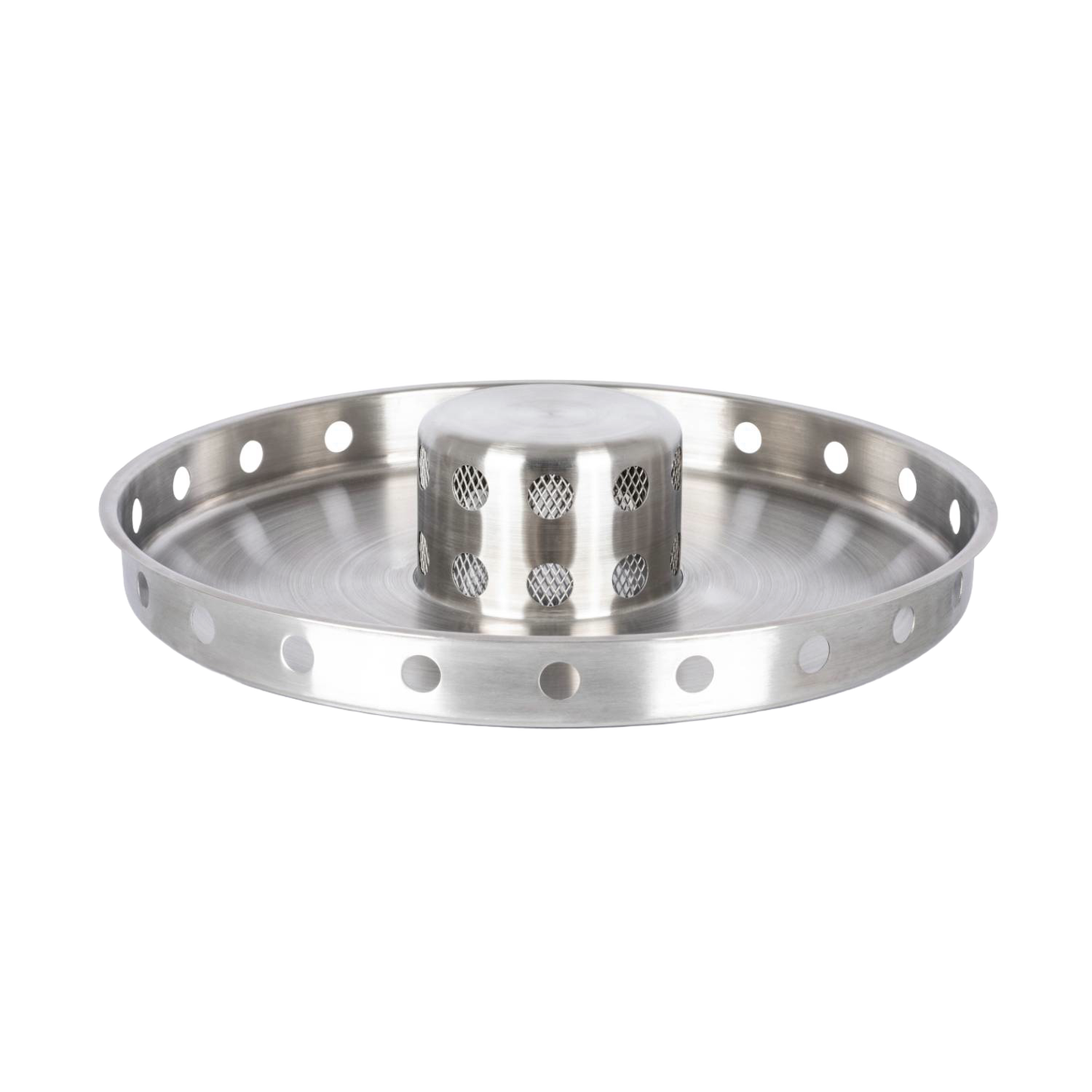 Round stainless steel fire bowl insert with perforated rim and elevated central vent for even heat and low smoke, suitable for outdoor and camping use.