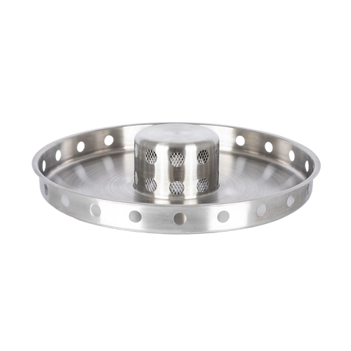 Round stainless steel fire bowl insert with perforated rim and elevated central vent for even heat and low smoke, suitable for outdoor and camping use.