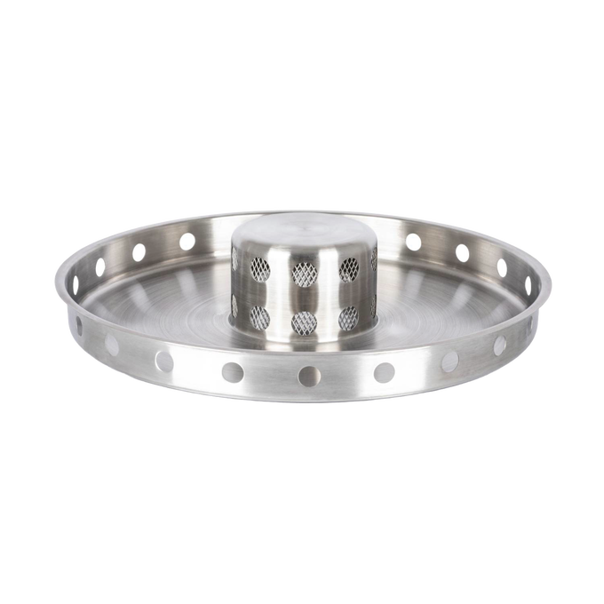Round stainless steel fire bowl insert with perforated rim and elevated central vent for even heat and low smoke, suitable for outdoor and camping use.