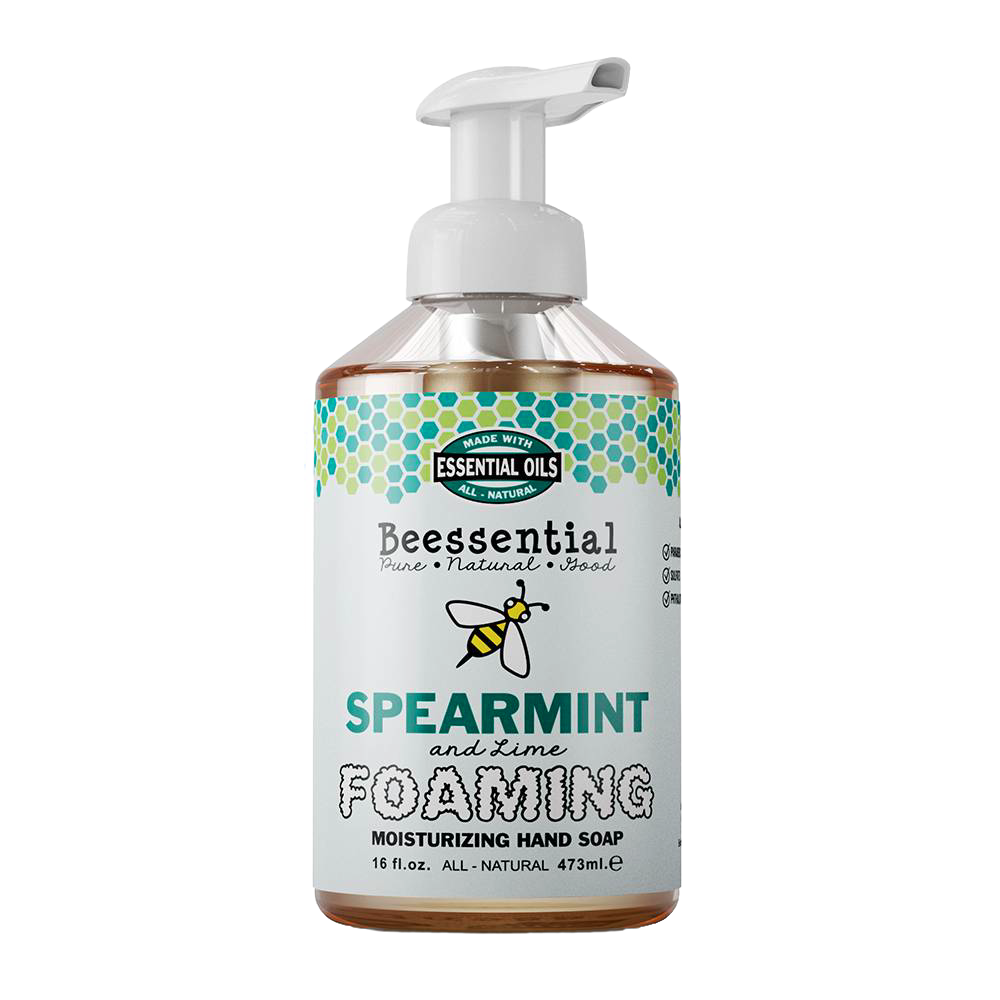 16 fl oz pump bottle of handcrafted foaming hand soap in spearmint and lime scent, moisturizing formula made with natural essential oils, crafted in small batches in the USA, ideal for Health & Wellness, Soaps, and USA Made collections.