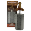 Handcrafted wooden brainteaser puzzle featuring a sword with decorative hilt embedded in a stone block etched with ancient symbols, from Toys, Games and Puzzles collections.
