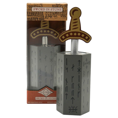 Handcrafted wooden brainteaser puzzle featuring a sword with decorative hilt embedded in a stone block etched with ancient symbols, from Toys, Games and Puzzles collections.