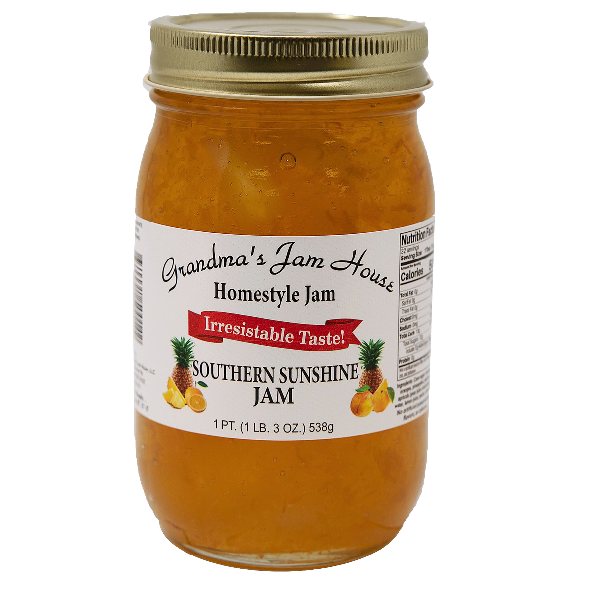 Handcrafted jar of Southern Sunshine homestyle jam with gold lid and white label featuring pineapple and citrus illustrations, made in USA, perfect for Kitchen & Food, Pantry, Peanut Butter & Jellies, Best Sellers, and Promo Eligible collections.