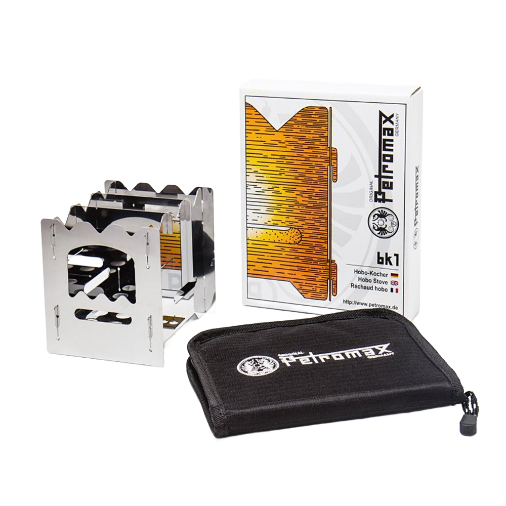 Compact stainless steel camping stove with folding design, accompanied by a branded black carrying case and packaging, suited for Farm, Garden & Tool, Camping, and Emergency Supplies collections.