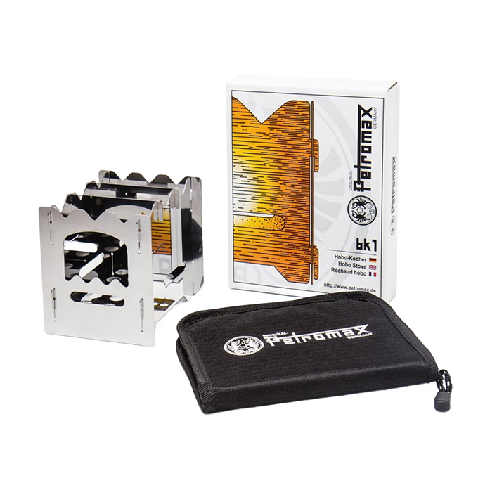 Compact stainless steel camping stove with folding design, accompanied by a branded black carrying case and packaging, suited for Farm, Garden & Tool, Camping, and Emergency Supplies collections.