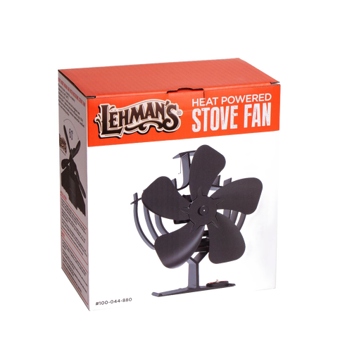 Lehman's handcrafted heat-powered oscillating stove fan with five black curved blades, designed to circulate warm air efficiently in stoves and hearth accessories collections.