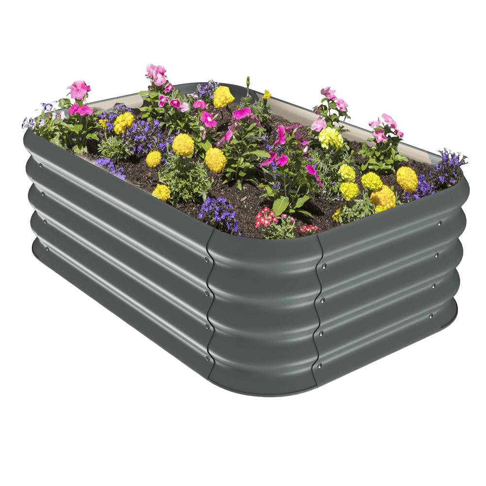 Unique handcrafted corrugated steel garden bed filled with colorful blooming flowers, designed for easy assembly and ideal for growing vegetables, herbs, and flowers, included in Farm, Garden & Tool, Garden Accessories, Seeds and Planting, Best Sellers, Promo Eligible, and Sale collections.