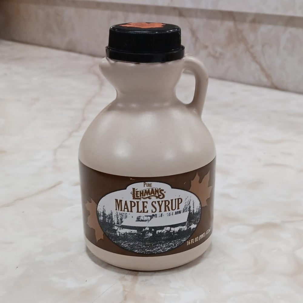 Handcrafted beige jug of amber maple syrup with a vintage-style brown label, made in USA, suitable for Kitchen & Food, Pantry, USA Made, Best Sellers, and Promo Eligible collections.