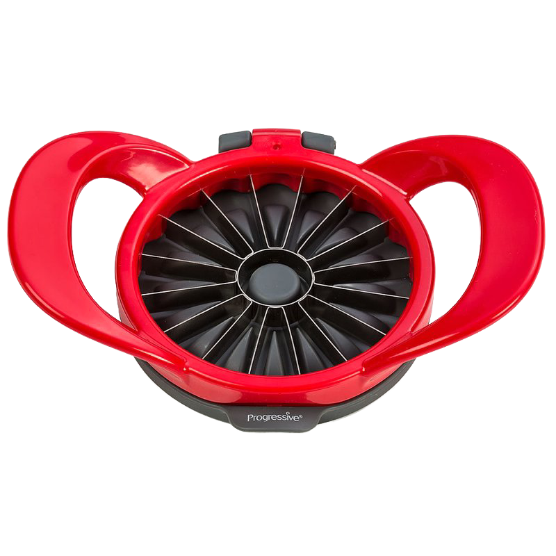 Red hard plastic apple slicer with stainless steel blades and a removable core, designed for quick, uniform thin wedges in farm, garden, kitchen, and baking tool collections.