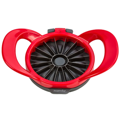 Red hard plastic apple slicer with stainless steel blades and a removable core, designed for quick, uniform thin wedges in farm, garden, kitchen, and baking tool collections.