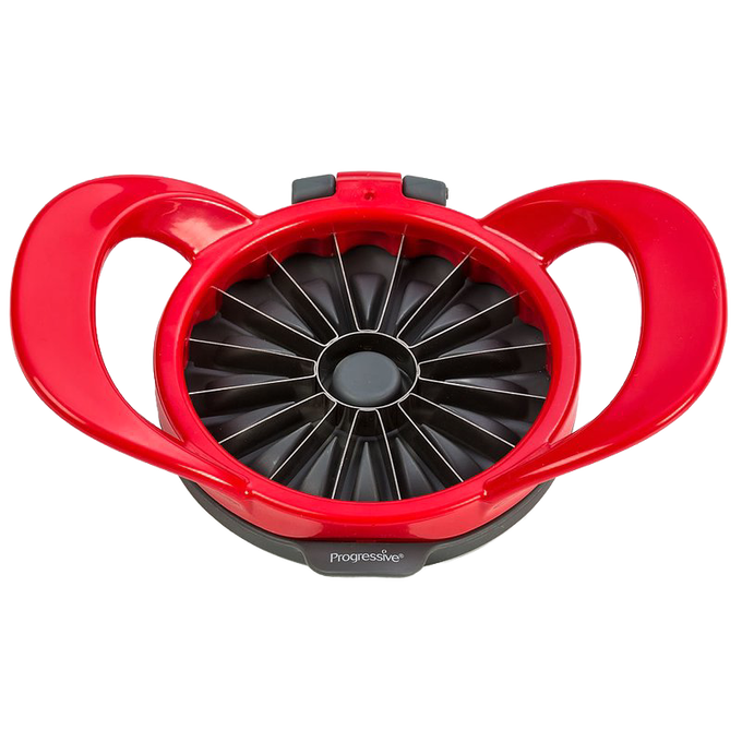 Red hard plastic apple slicer with stainless steel blades and a removable core, designed for quick, uniform thin wedges in farm, garden, kitchen, and baking tool collections.